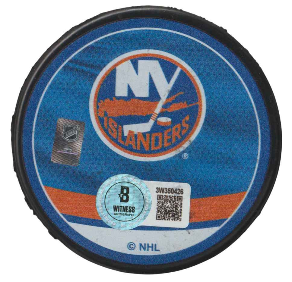 Bryan Trottier Signed Islanders Reverse Retro Puck w/ HOF 97 Beckett Wit BAS COA1