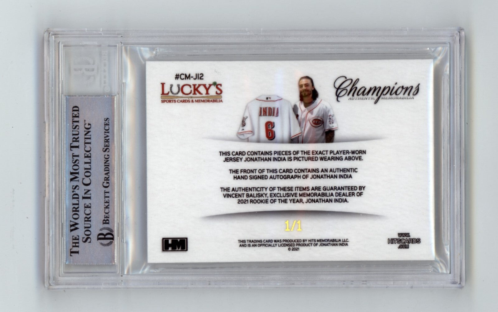 Jonathan India 2021 Hits Memorabilia Champions Gold Patch Dual Auto #1/1 RC BGS1