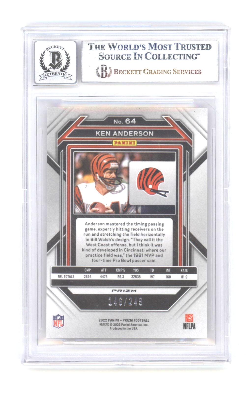 Ken Anderson 2022 Panini Prizm Prizms Orange #64 /249 Signed Beckett BGS 10 Auto1
