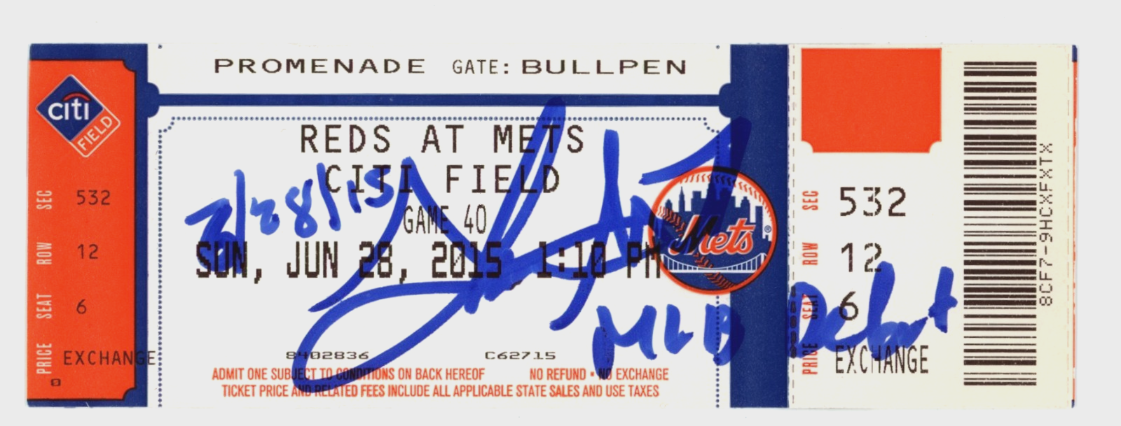 Steven Matz Signed Auto MLB Debut Ticket 6/28/2015 w/ MLB Debut Insc. LSCM COA0