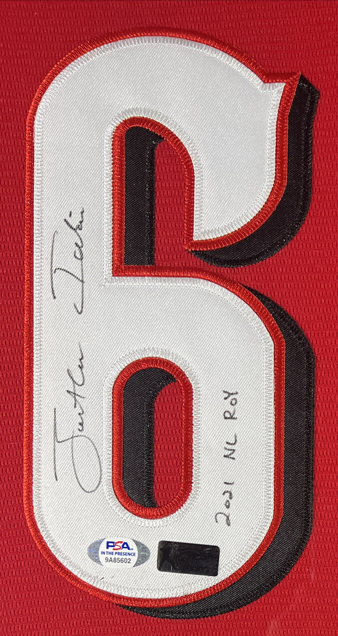 Jonathan India Signed Framed Custom Red Jersey w/ 2021 NL ROY Reds PSA ITP COA1