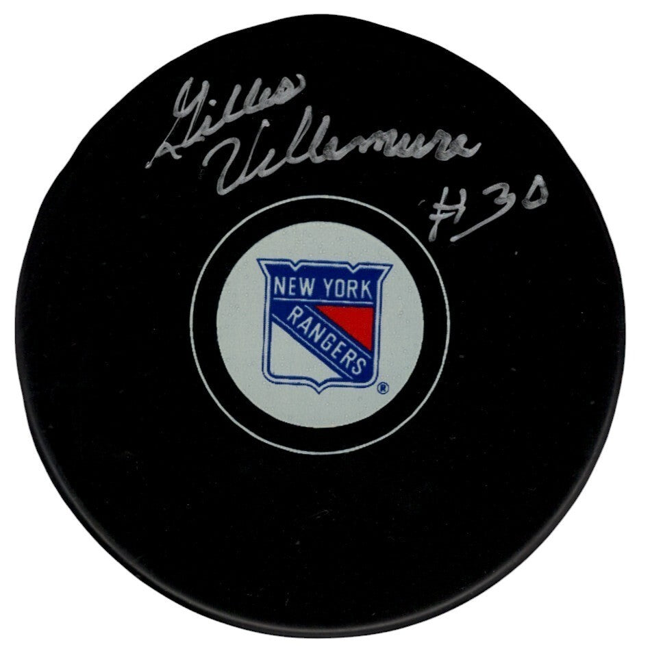 Gilles Villemure Signed Autographed New York Rangers Logo Puck PSA COA0