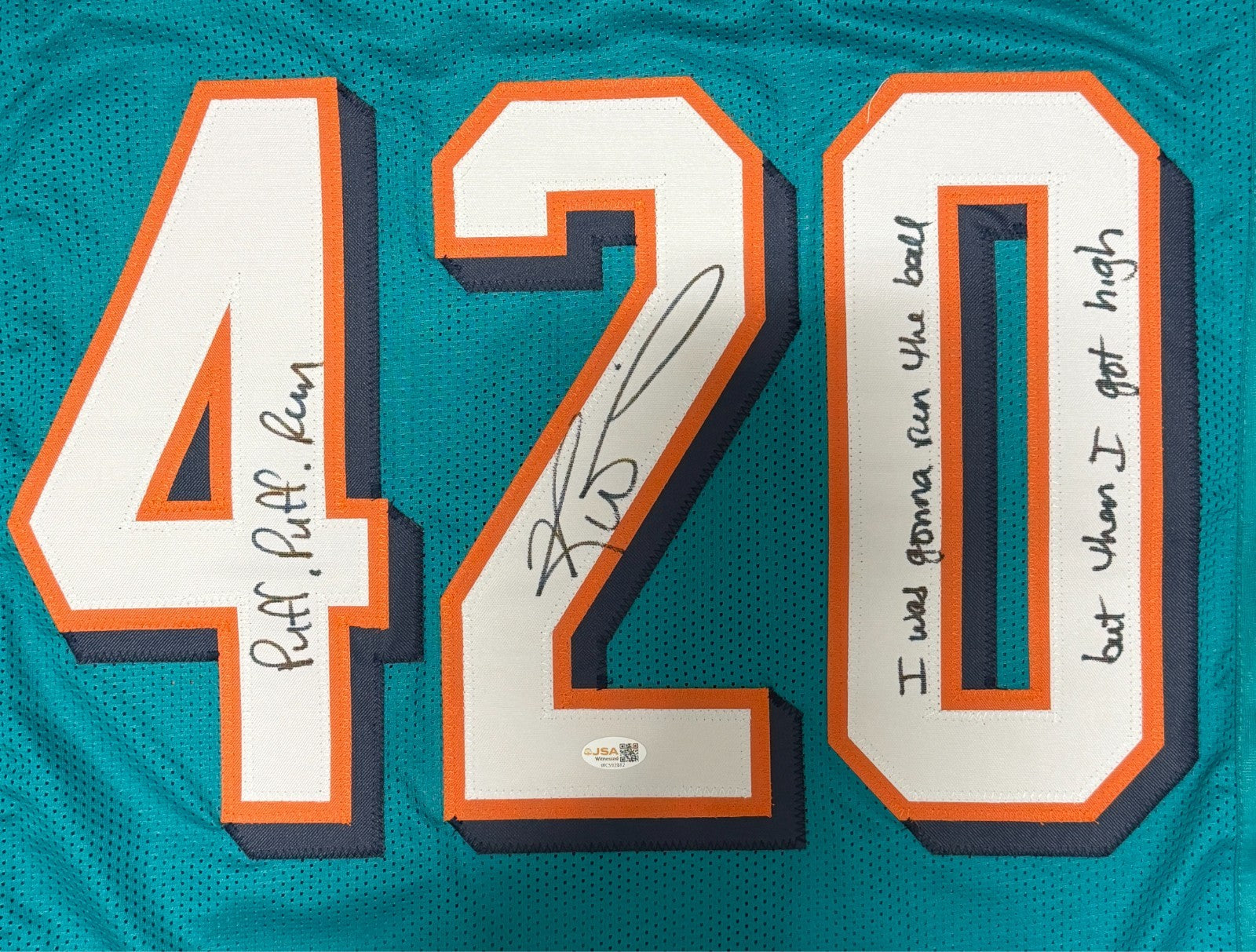 Ricky Williams Signed Dolphins 420 Custom Jersey w/ Weed Inscs JSA Witness COA1