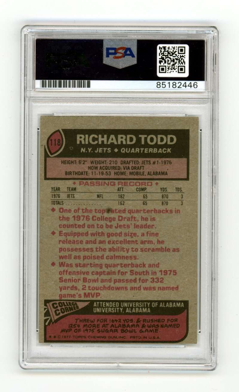 Richard Todd 1977 Topps #118 Rookie RC Signed PSA Authentic Auto New York Jets1