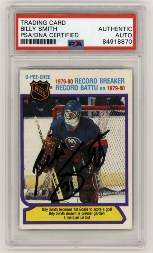 Billy Smith 1980-81 O-Pee-Chee OPC #5 Record Breaker Signed PSA Auth Auto Black0