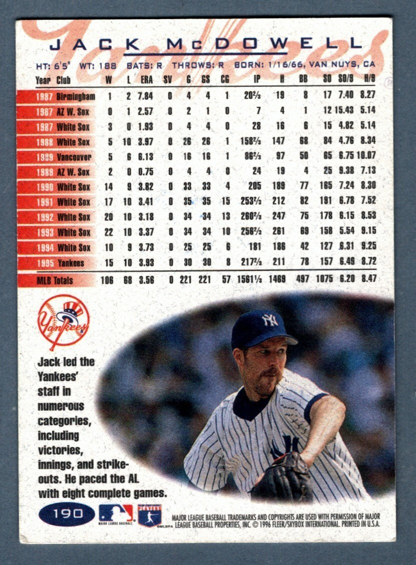 Jack McDowell Signed 1996 Fleer Baseball #190 LSCM COA New York Yankees1