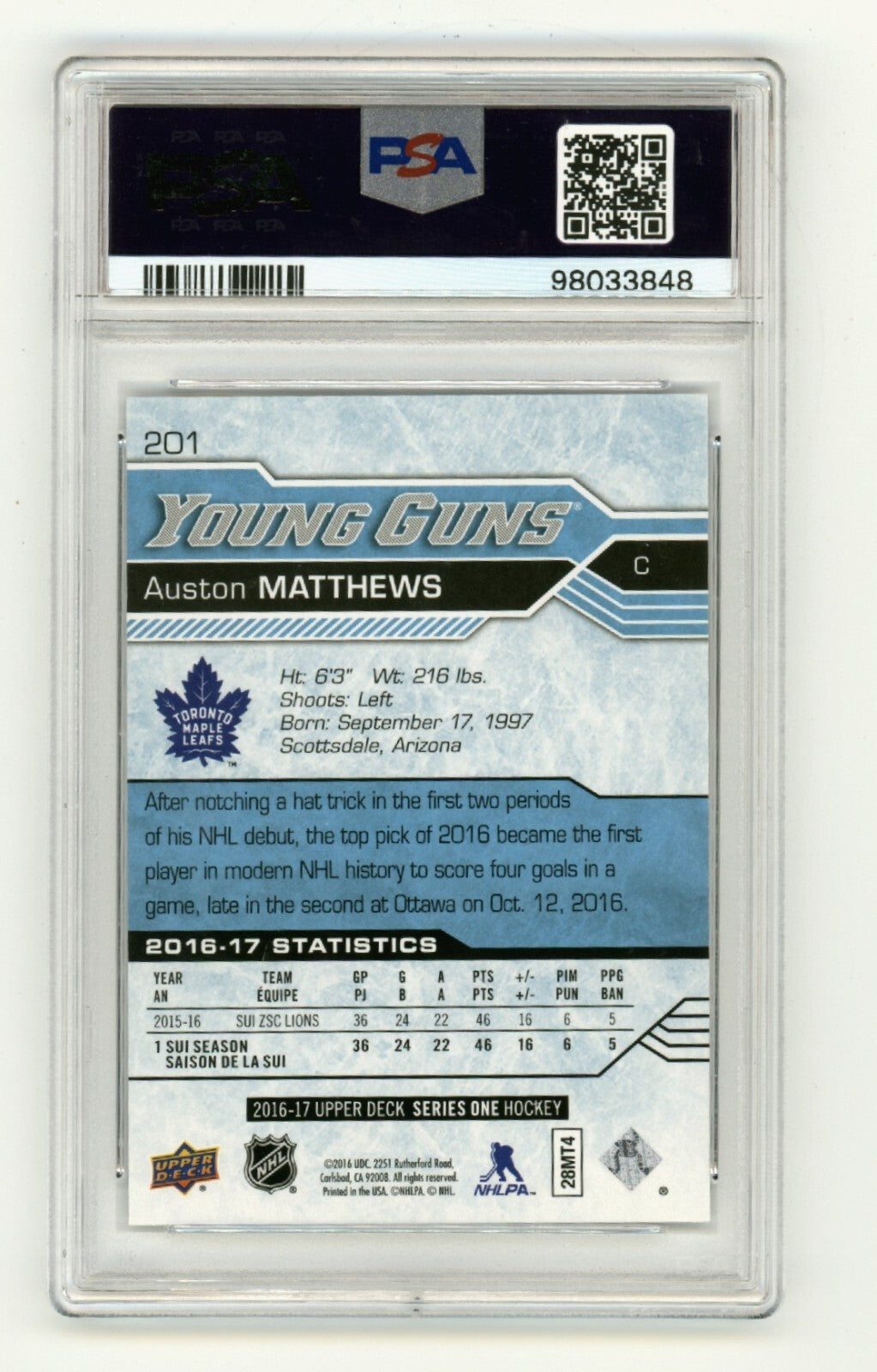 Auston Matthews 2016-17 Upper Deck 201 Young Guns Rookie RC Signed PSA 9 Auto 101