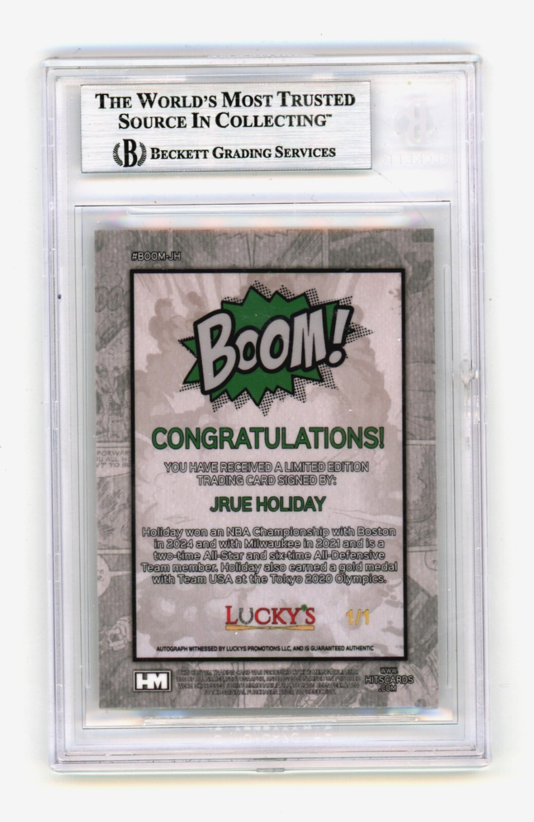 Jrue Holiday 2024 Hits Memorabilia BOOM Super 1/1 Signed BGS BAS Auto Boston1