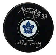 Al Iafrate Signed Maple Leafs Logo Puck w/ Wild Thing Beckett Witness BAS COA0