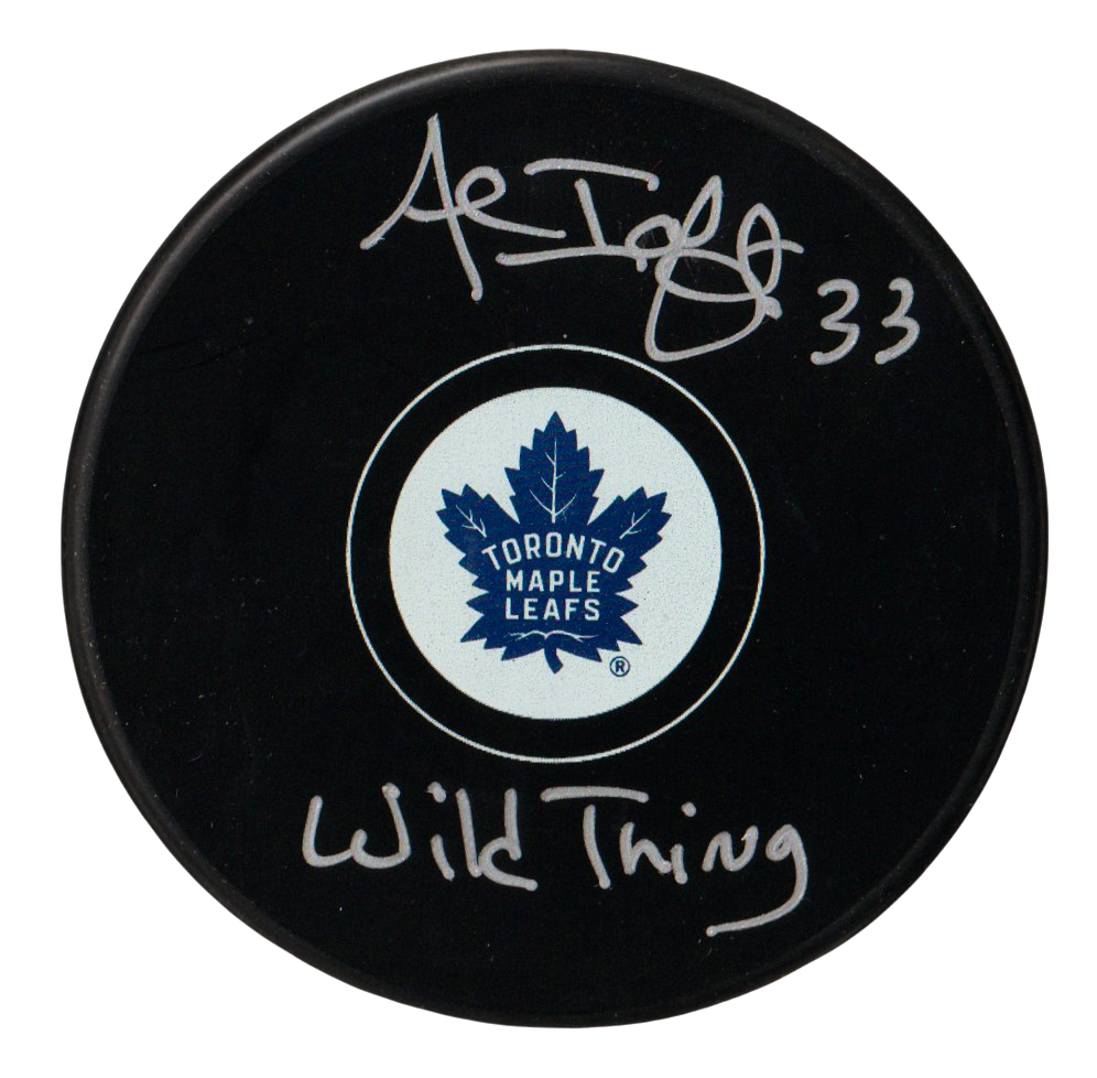 Al Iafrate Signed Maple Leafs Logo Puck w/ Wild Thing Beckett Witness BAS COA0