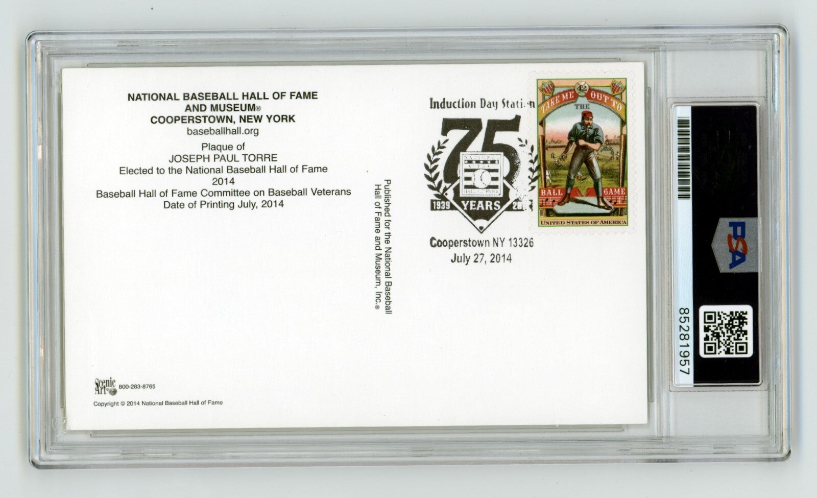 Joe Torre Signed Yellow HOF Plaque Post Card w/ Induction Day Stamp PSA Auto1