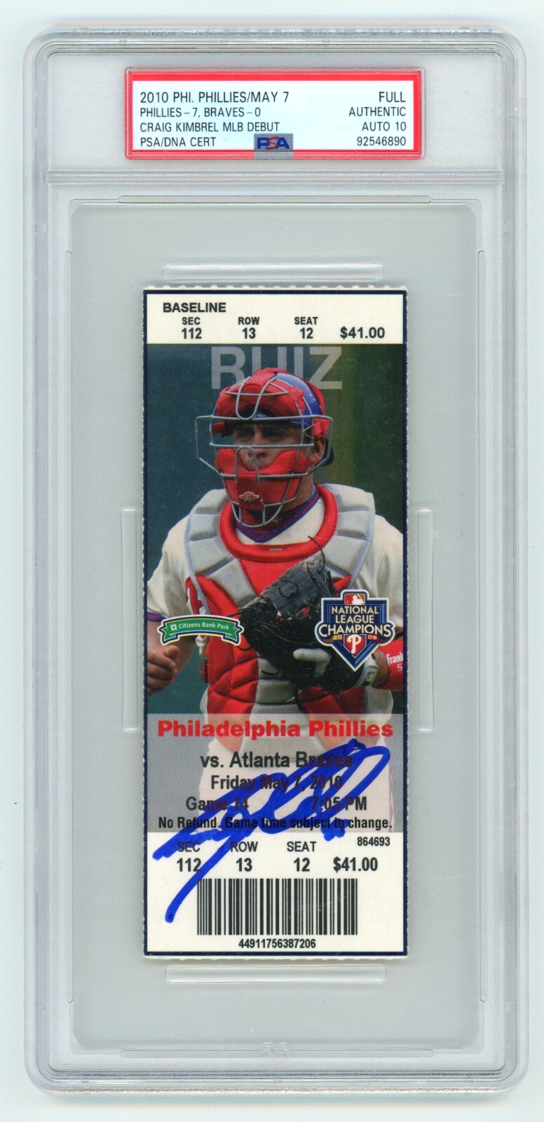 Craig Kimbrel Signed MLB Debut & 1st Strikeout Season Ticket PSA 10 Auto Braves0