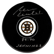 Rejean Lemelin Signed Boston Bruins Logo Puck w/ 89-90 Jennings JSA Witness COA0