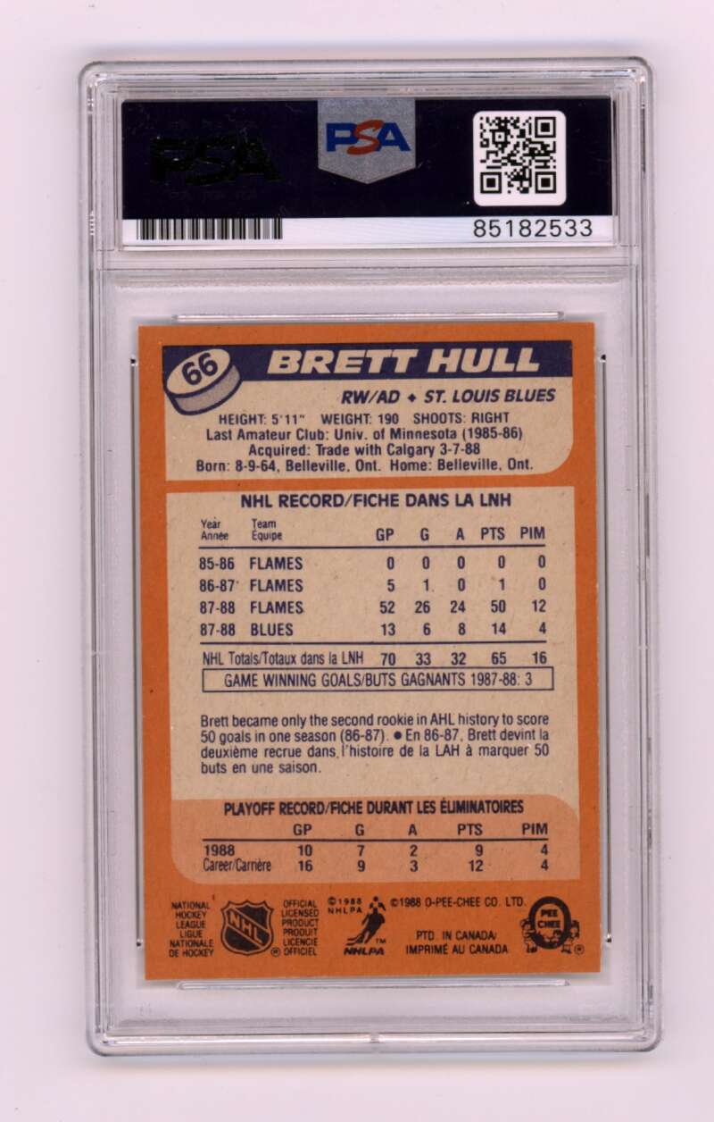 Brett Hull 1988-89 O-Pee-Chee OPC #66 RC w/ HOF + Golden Insc Signed PSA Auto1