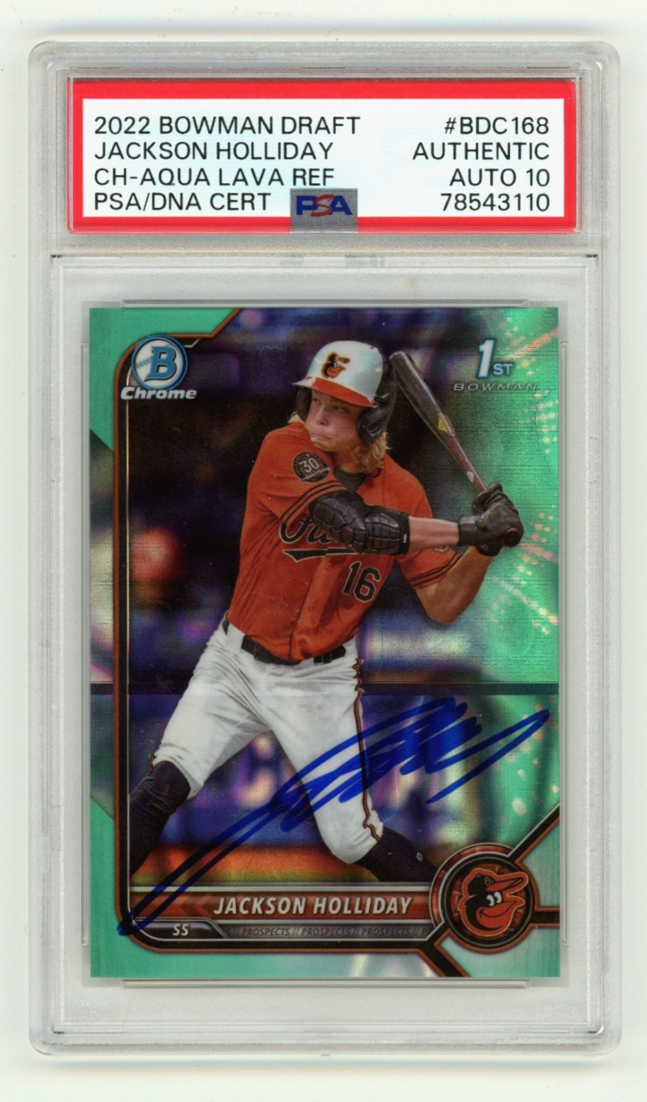 Jackson Holliday 2022 Bowman Chrome 1st Aqua Lava Ref 114/199 Signed PSA 10 Auto0