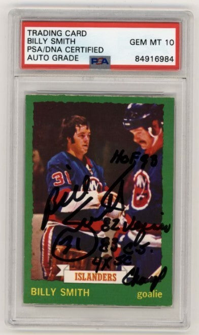 Billy Smith 1973-74 O-Pee-Chee OPC Rookie RC #142 Signed PSA 10 Auto w/ 4 Insc C0