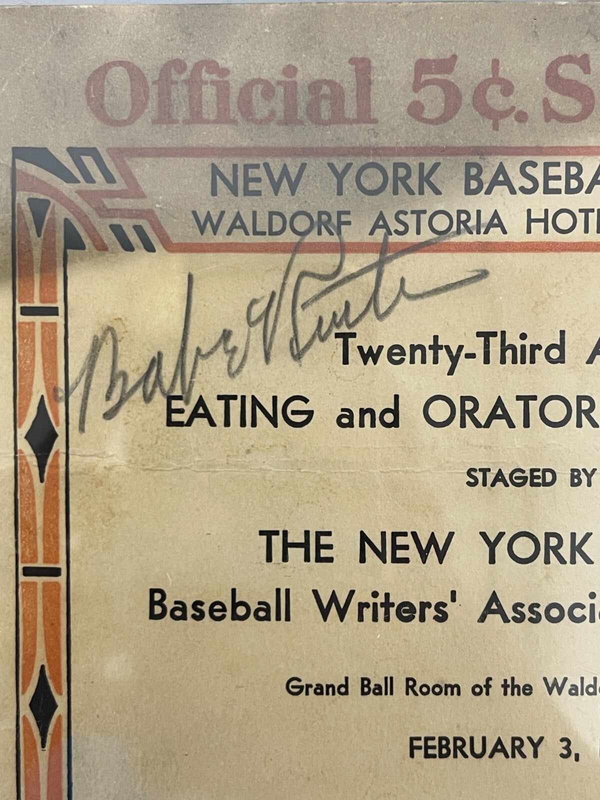 Babe Ruth Signed 1946 NY BBWAA Eating Contest Official Scorecard PSA 9 Auto MINT1