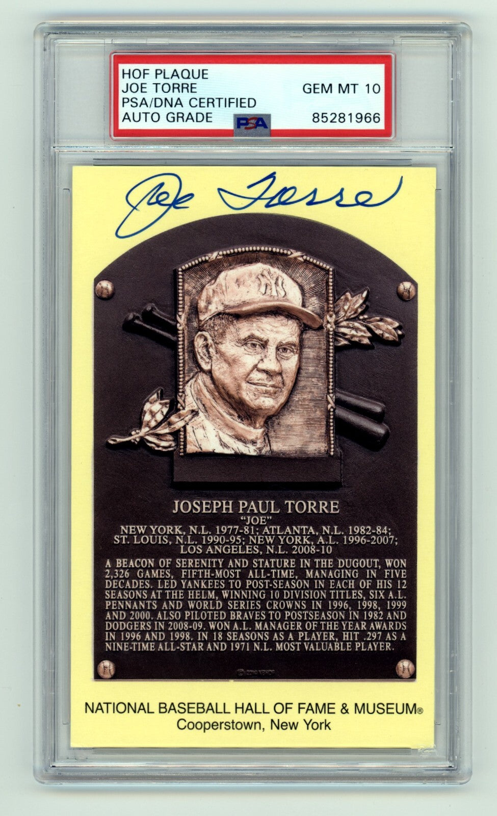Joe Torre Signed Yellow HOF Plaque Post Card w/ Induction Day Stamp PSA 10 Auto0