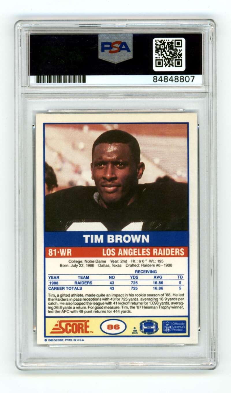 Tim Brown 1989 Score Football #86 Rookie RC w/ 2 Insc Signed PSA 10 Auto HOF A1