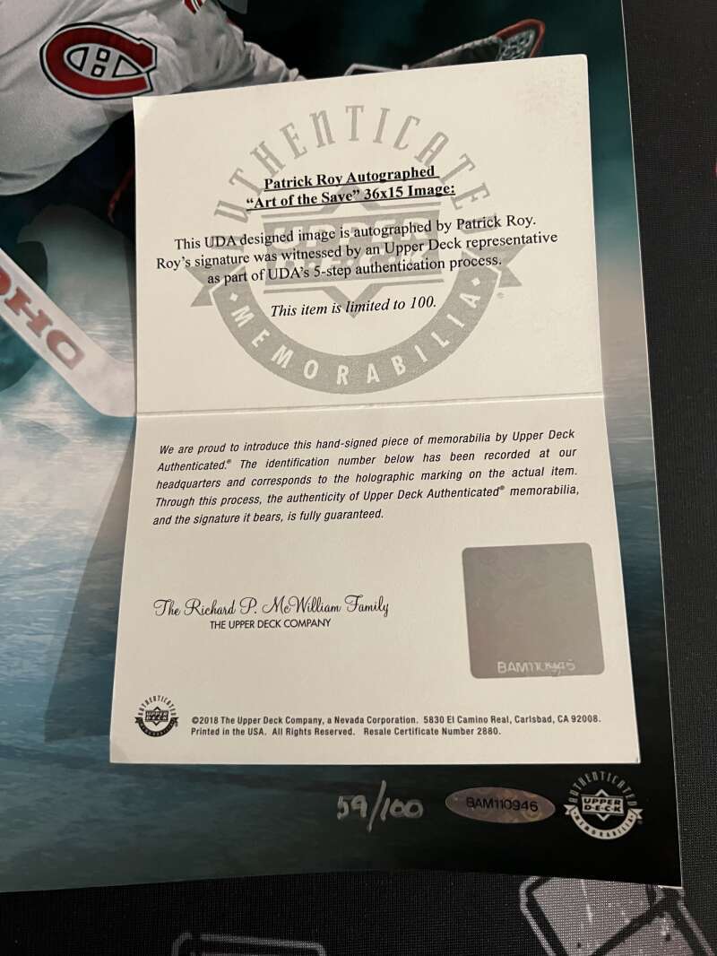 Patrick Roy Signed Auto 36x15 Photo "Art of the Save" 59/100 Upper Deck UDA COA2