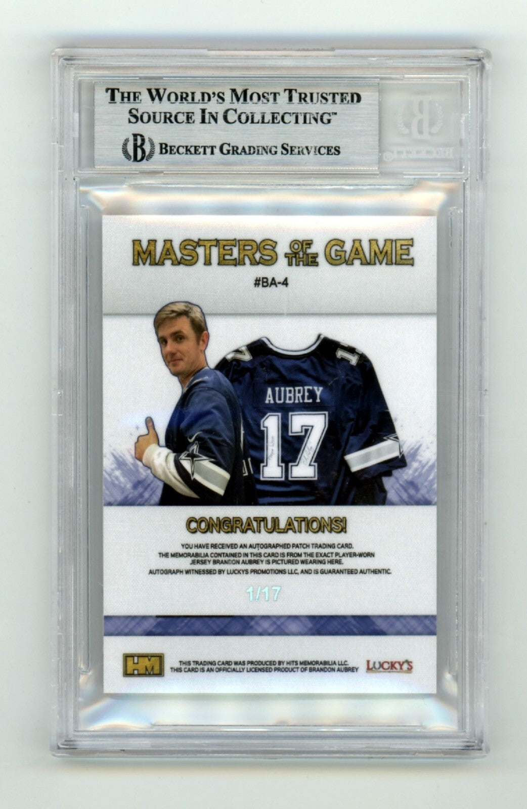 Brandon Aubrey 2023 Hits Memorabilia Silver V RPA Patch Auto RC /17 BGS BAS4