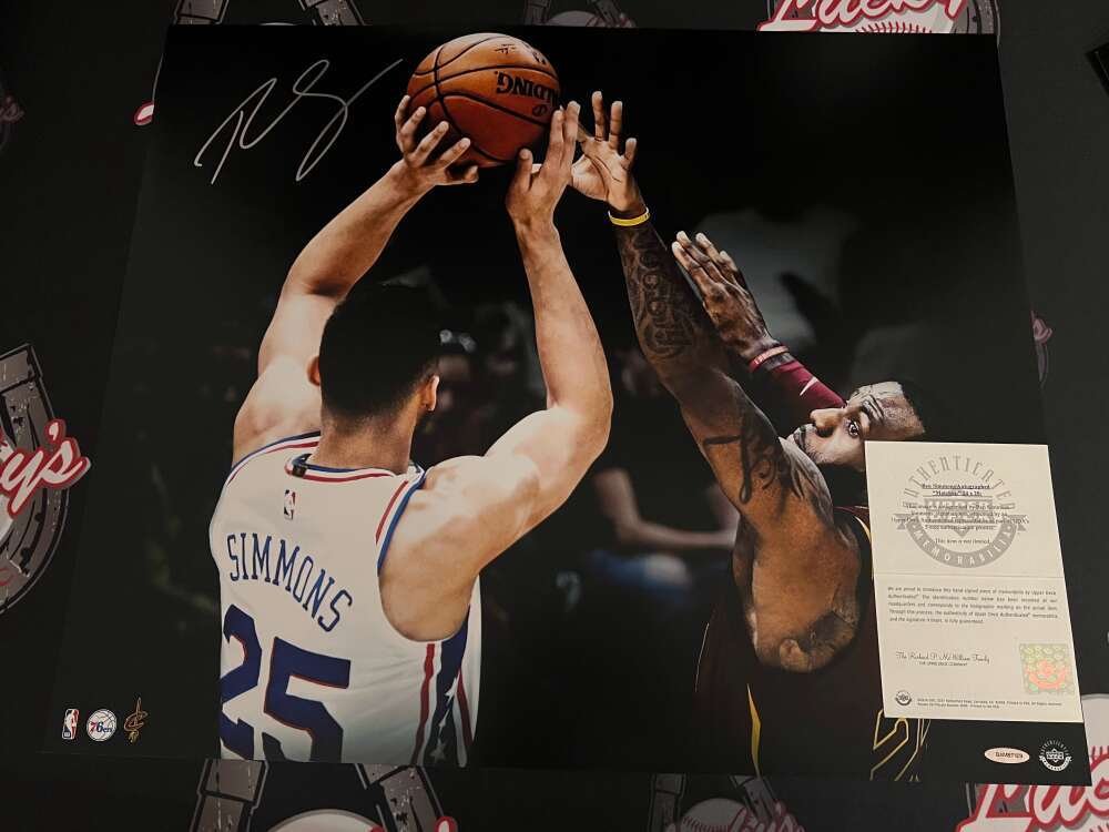 Ben Simmons Signed 24x20 Photo Matchup vs LeBron James Upper Deck UDA COA3