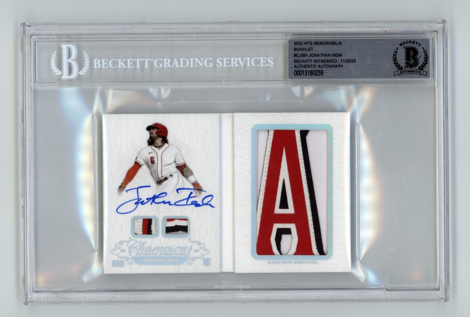 Jonathan India 2021 Hits Memorabilia Champions Letter Patch Auto Booklet #/6 BGS8