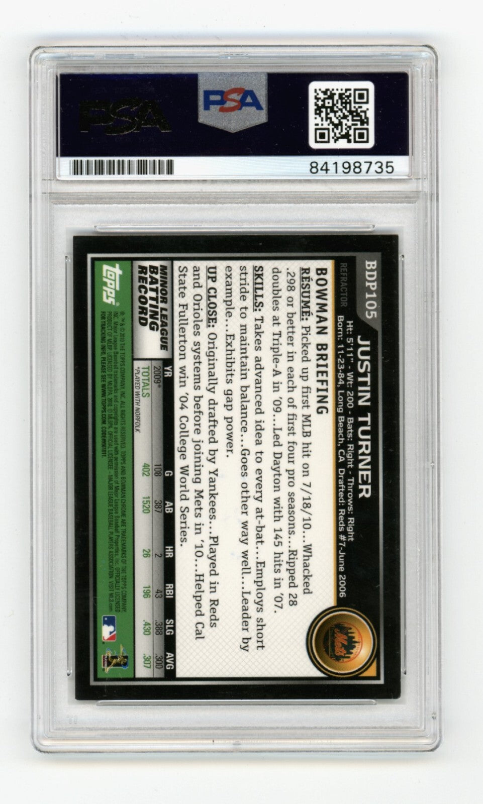 Justin Turner 2010 Bowman Chrome Refractor #BDP105 RC Signed PSA Authentic Auto1