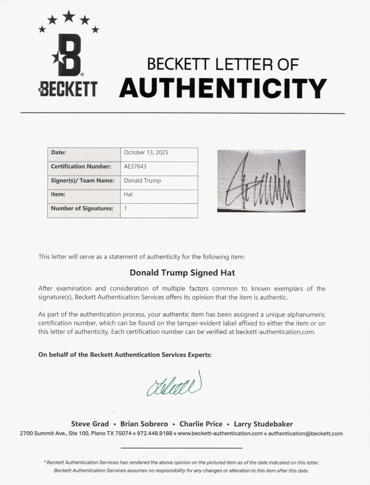 Donald Trump Signed Autographed Make America Great Again Hat Beckett BAS COA LOA5