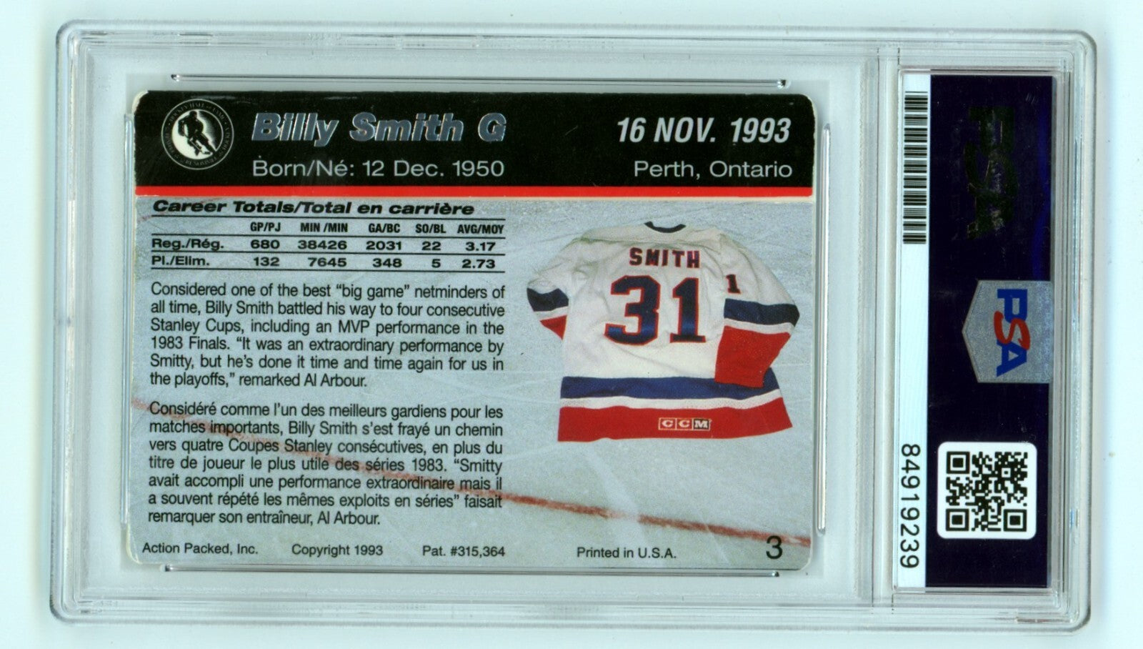 Billy Smith 1993 Action Packed #3 Signed PSA Authentic Auto NY Islanders HOF1