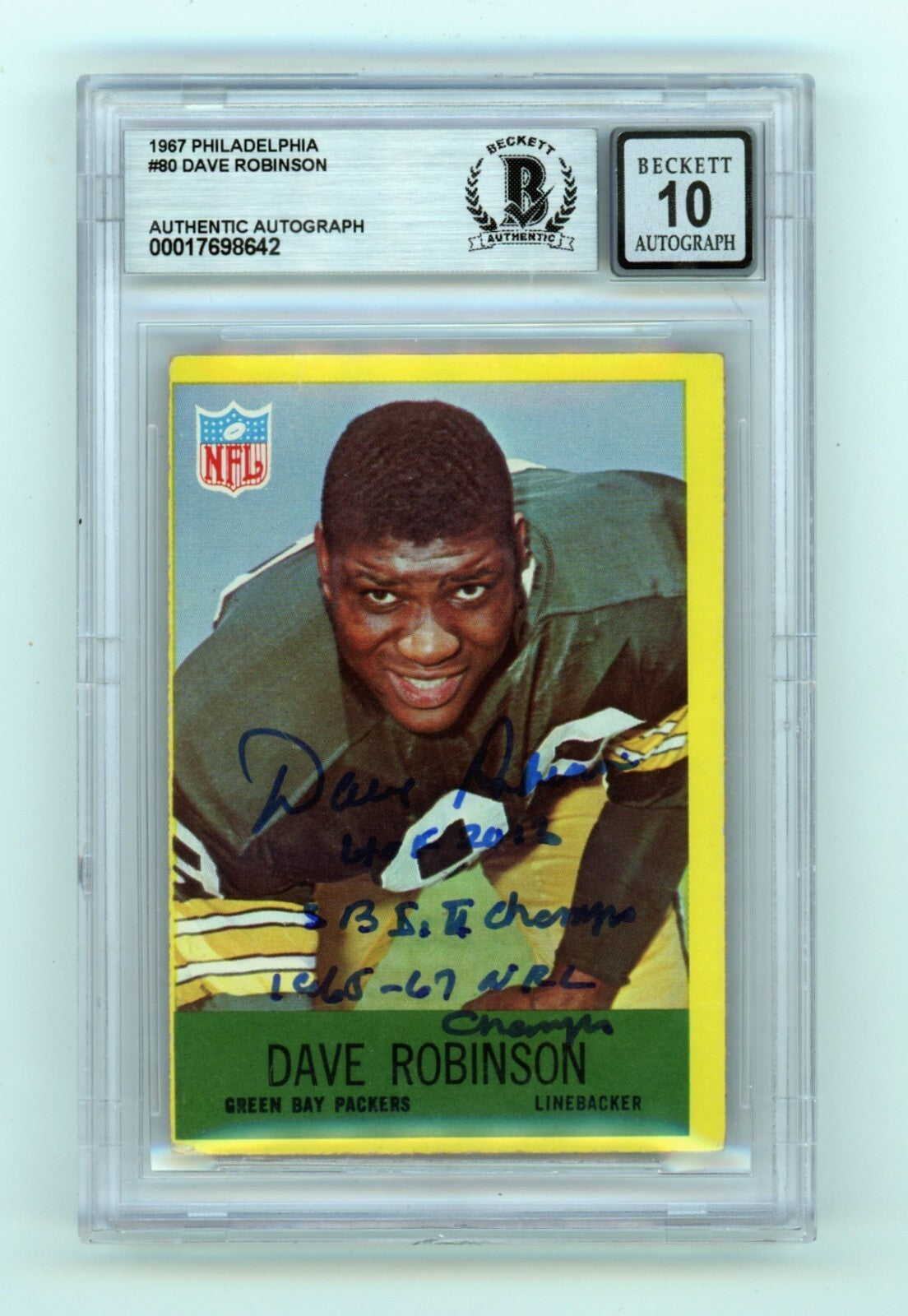 Dave Robinson 1967 Philadelphia #80 Signed Rookie RC w 3 Insc HOF BGS 10 Auto A0