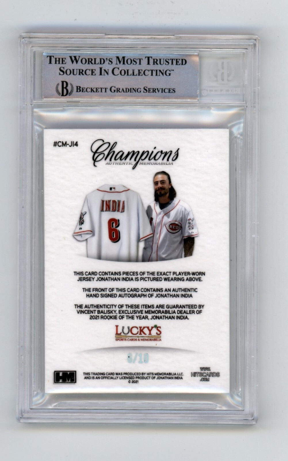 Jonathan India 2021 Hits Memorabilia Champions Silver Patch Auto RC 6/10 BGS BAS1