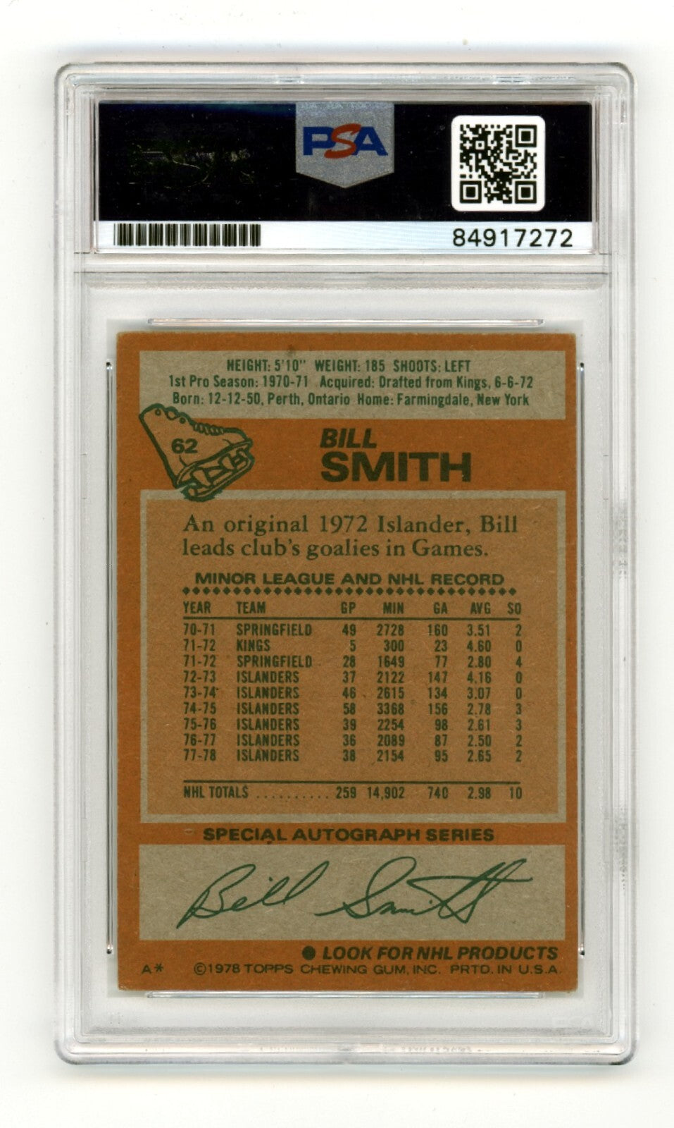 Billy Smith 1978-79 Topps #62 Signed PSA Authentic Blue Auto Islanders HOF1