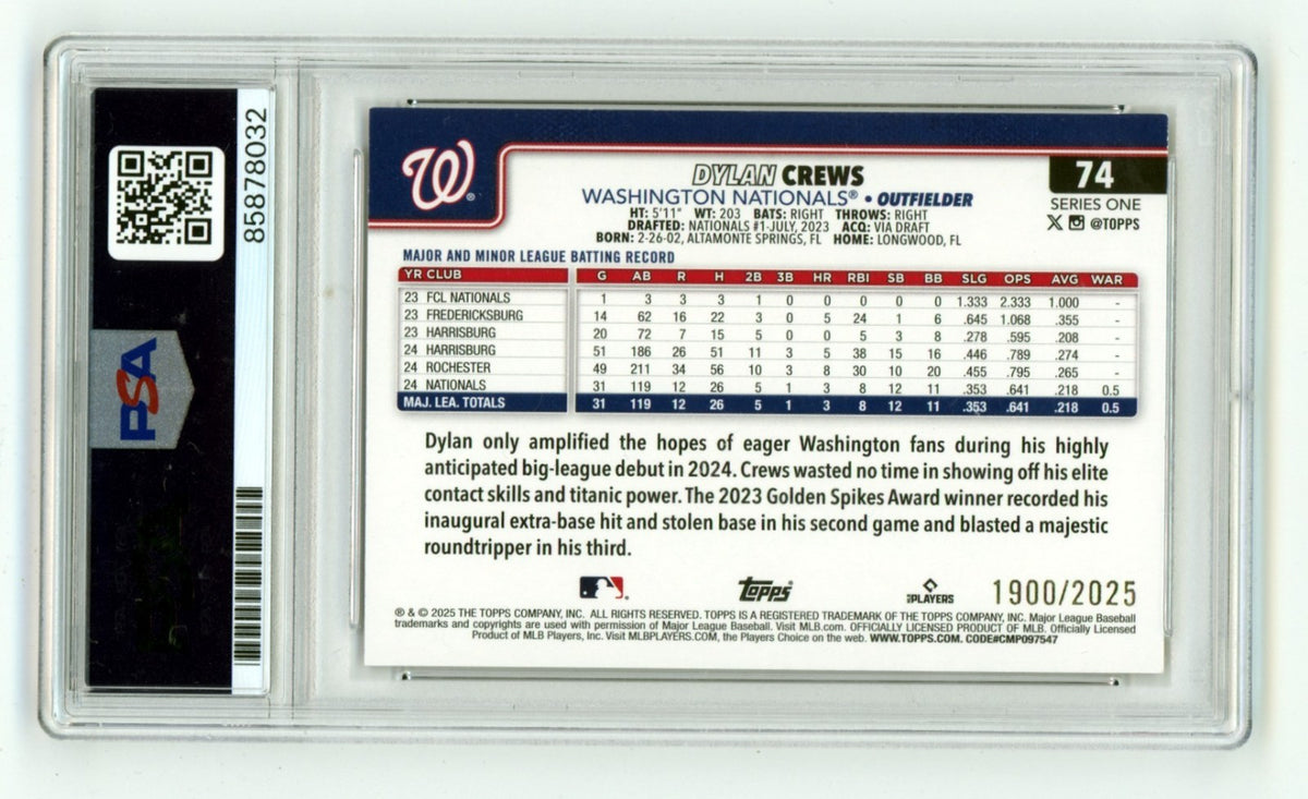 Dylan Crews 2025 Topps Series 1 #74 Gold Signed Rookie RC #1900/2025 PSA 10 Auto1