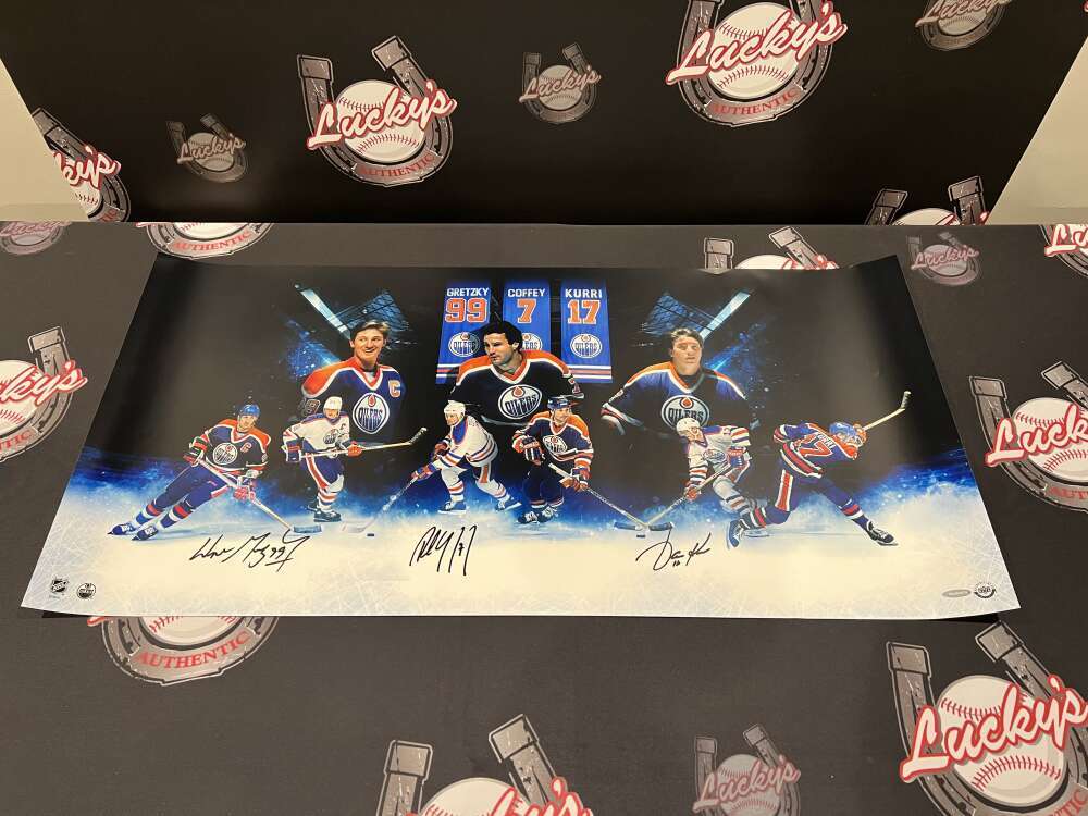 Wayne Gretzky Paul Coffey Jari Kurri Triple Signed Auto 36x18 Photo UDA COA0