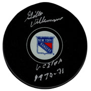 Gilles Villemure Signed New York Rangers Logo Puck w/ 1970-71 Vezina PSA COA0