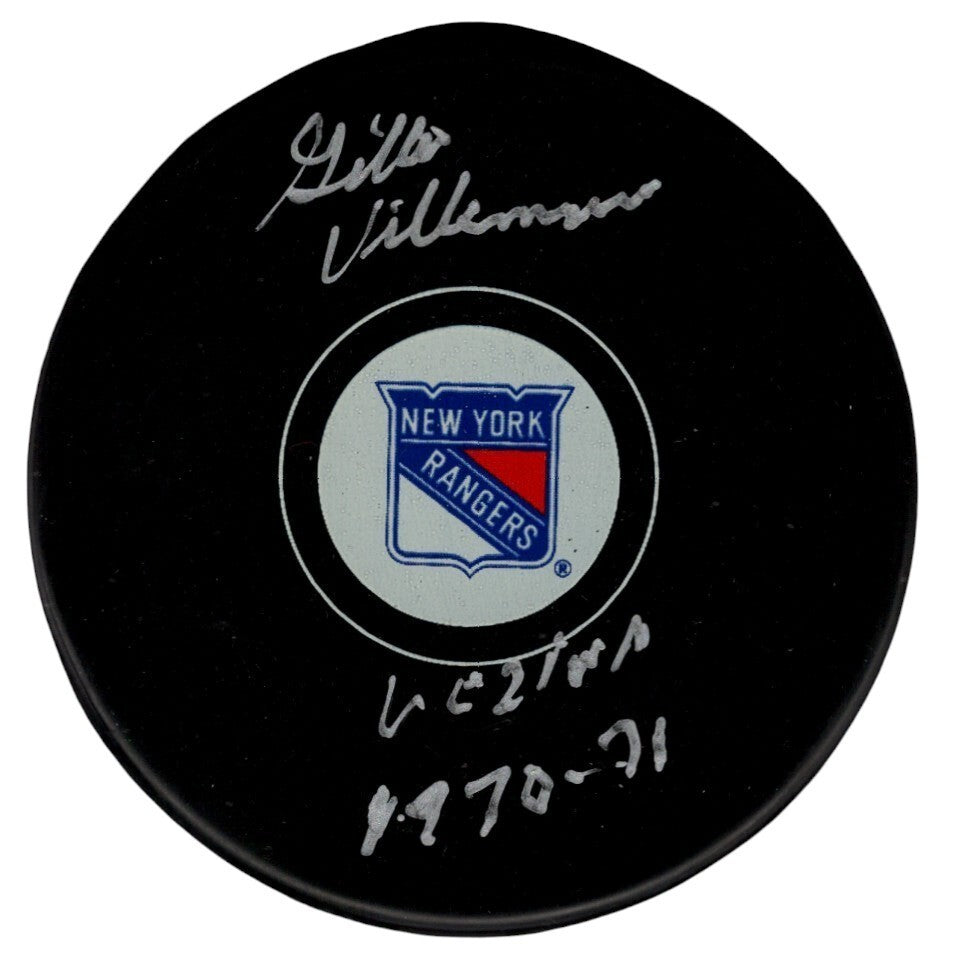 Gilles Villemure Signed New York Rangers Logo Puck w/ 1970-71 Vezina PSA COA0