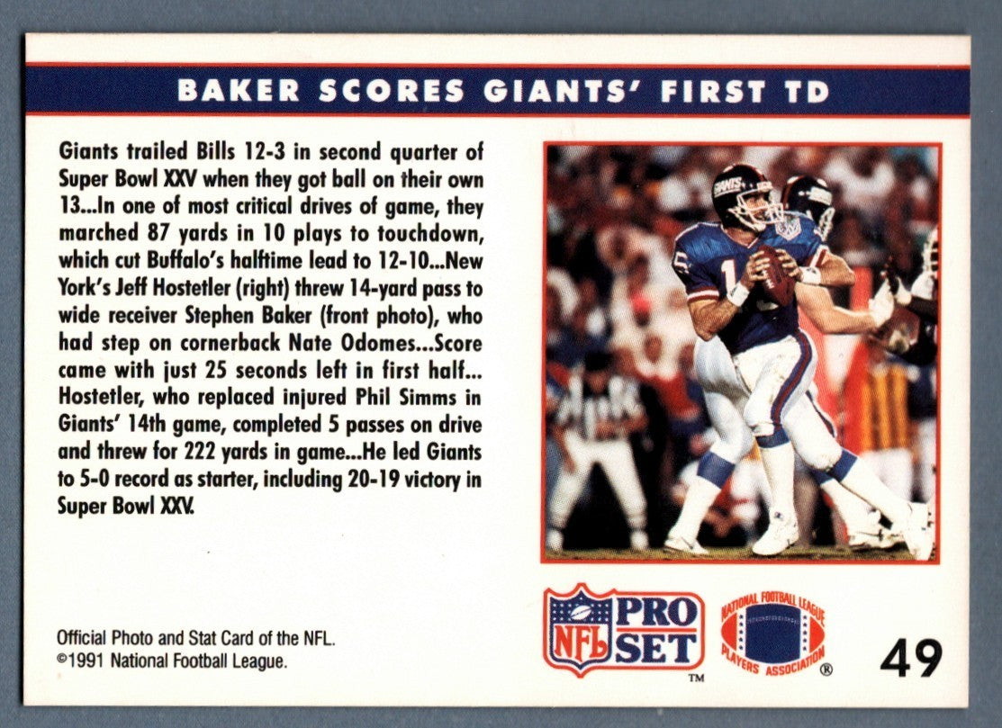 Stephen Baker Signed 1991 NFL Pro Set #49 w/ SB XXV Champs LSCM COA NY Giants1