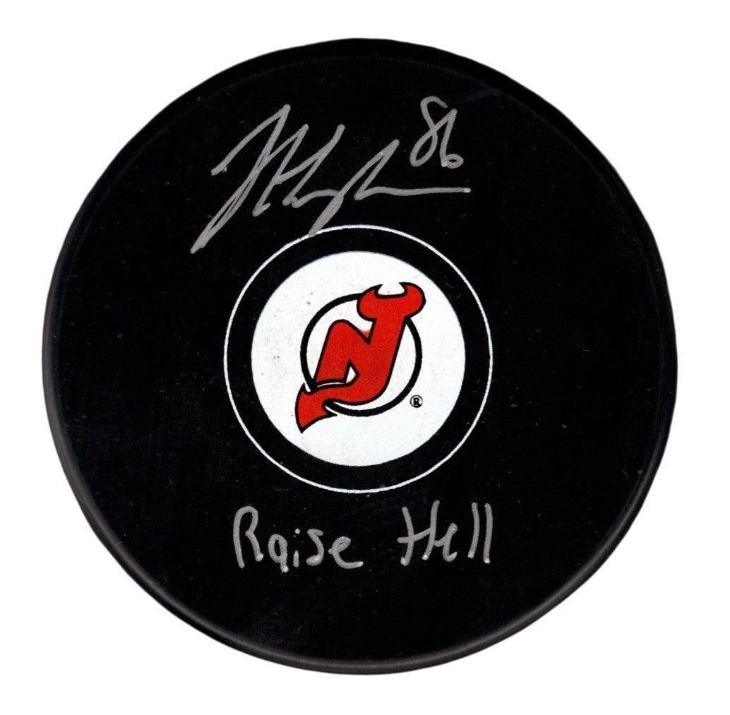 Jack Hughes Signed New Jersey Devils Logo Puck w/ Raise Hell Insc. Fanatics COA0