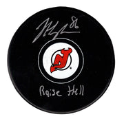 Jack Hughes Signed New Jersey Devils Logo Puck w/ Raise Hell Insc. Fanatics COA0