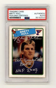 Brett Hull 1988-89 O-Pee-Chee OPC #66 RC w/ HOF + Golden Insc Signed PSA Auto0