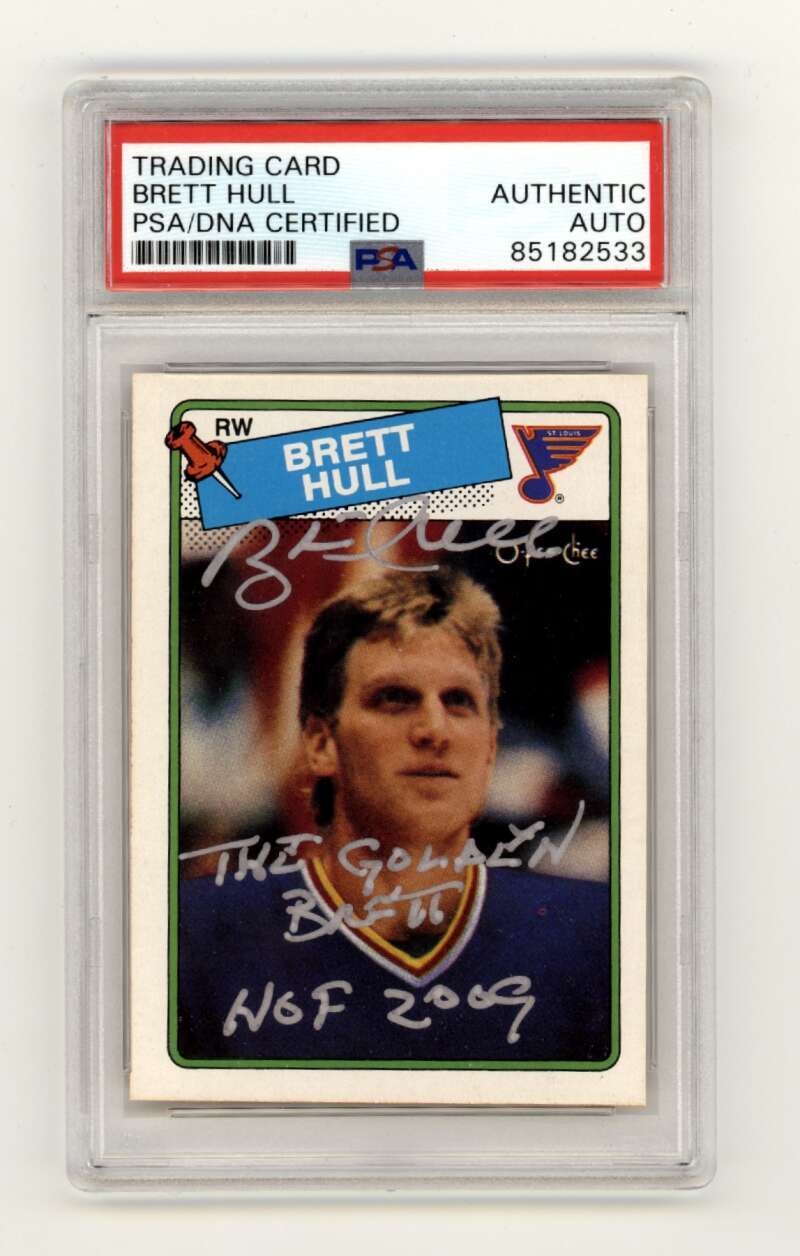 Brett Hull 1988-89 O-Pee-Chee OPC #66 RC w/ HOF + Golden Insc Signed PSA Auto0