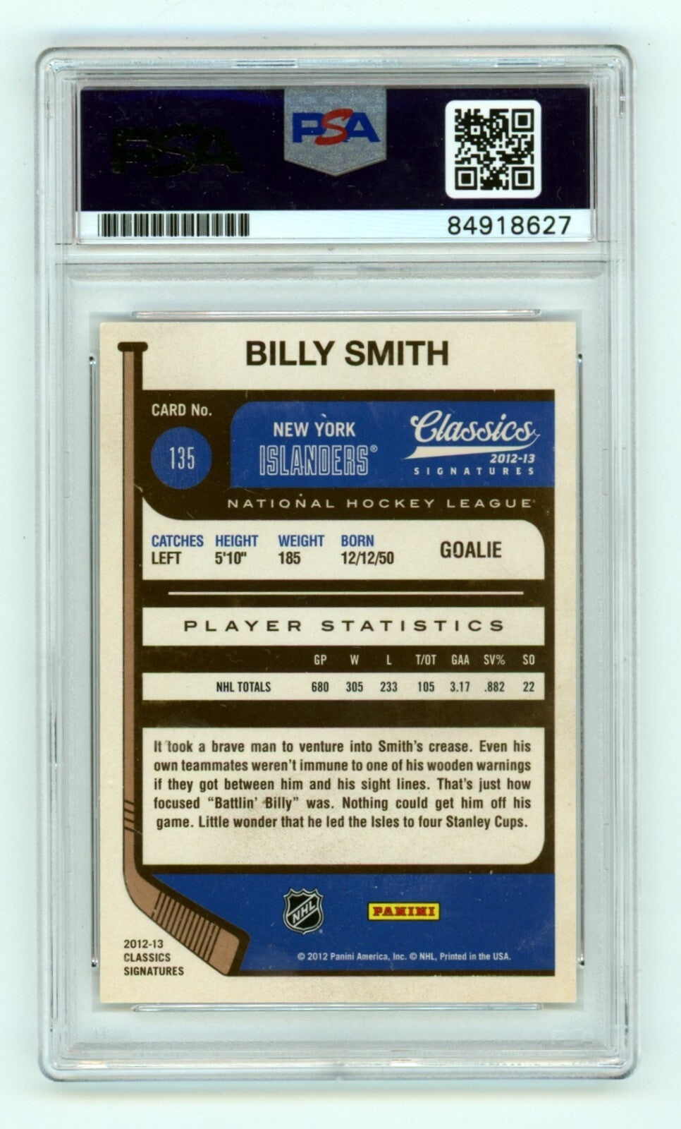 Billy Smith 2012-13 Panini Classics #135 Signed PSA Authentic Auto NY Islanders1