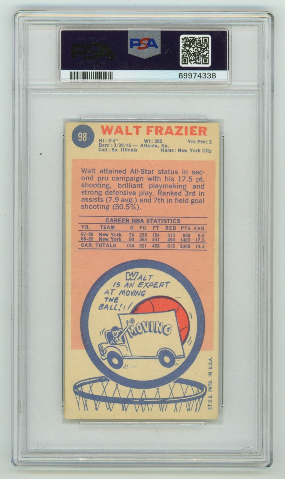 Walt Frazier 1969-70 Topps 98 Tall Boy Rookie RC 3 Insc Signed Auto PSA 6 Knicks1