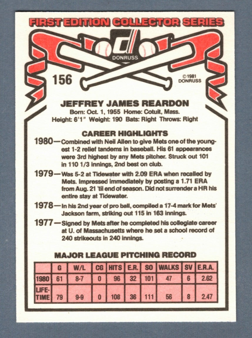 Jeff Reardon Signed 1981 Donruss Baseball #156 Rookie RC LSCM COA New York Mets1