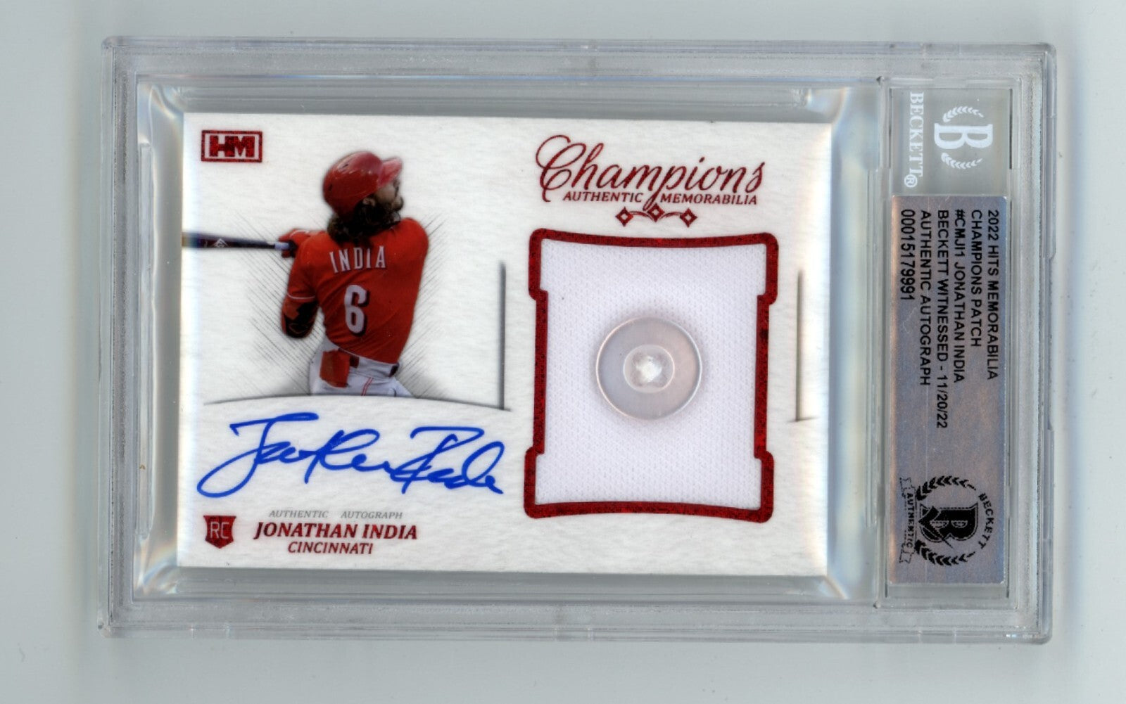 Jonathan India 2021 Hits Memorabilia Champions Red Prime Button Auto RC #6/6 BGS0