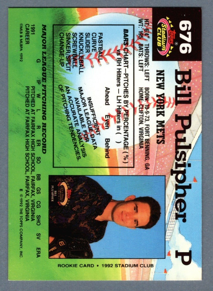Bill Pulsipher Signed 1992 Topps Stadium Club RC w/ Generation K  LSCM COA Mets1