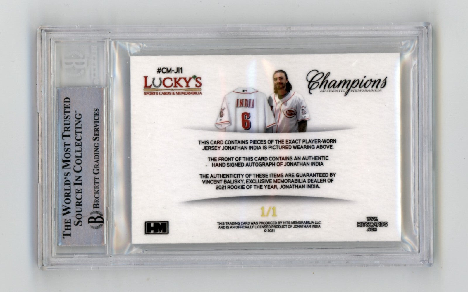 Jonathan India 2021 Hits Memorabilia Champions Gold Logo Patch Auto RC #1/1 BGS1