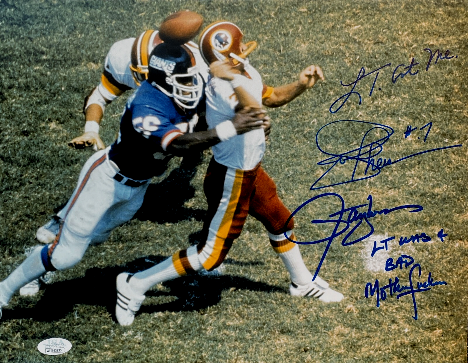 Lawrence Taylor & Joe Theismann Signed 11x14 Photo LT Got Me & Bad MFer JSA COA0