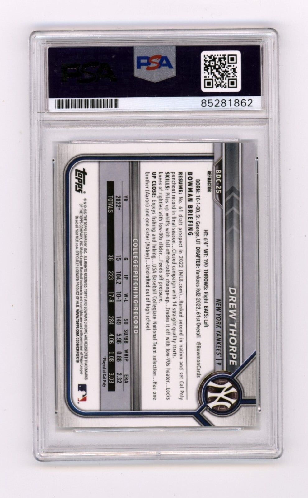 Drew Thorpe 2022 Bowman Chrome Draft Refractor 1st Rookie RC Signed PSA 10 Auto1